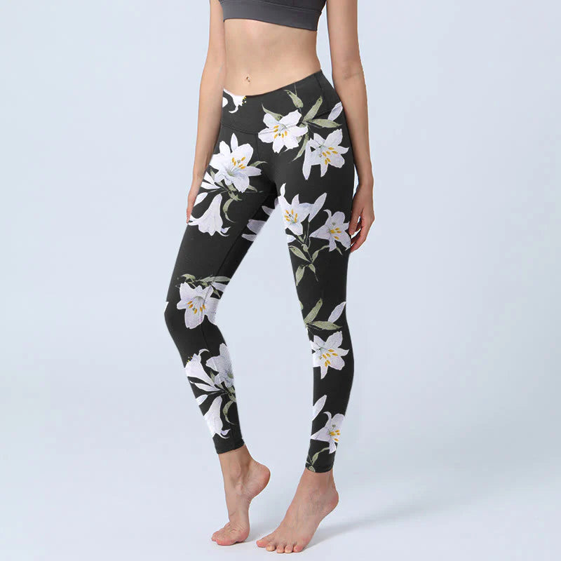 Buddha Stones Black Lily Flower Leaf Pattern Print Gym Leggings Women's Yoga Pants