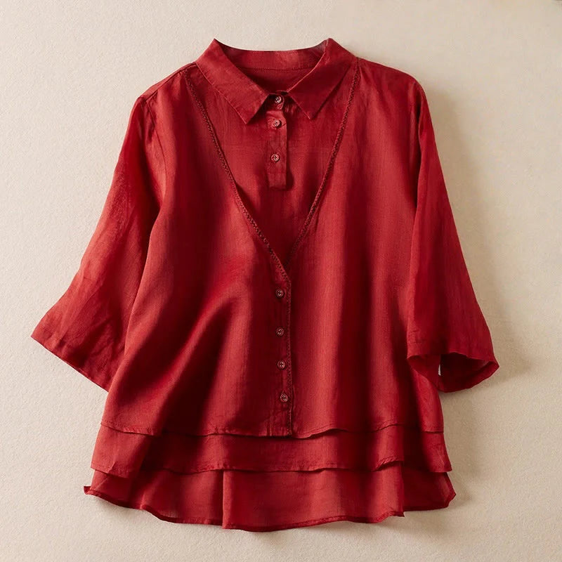 Buddha Stones Retro Plain Fake Two Pieces Button Half Sleeve Design Women's Cotton Linen Shirt