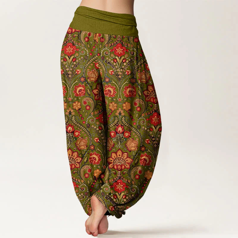 Buddha Stones Cotton Colorful Flower Leaf Scroll Pattern Women's Elastic Waist Harem Pants