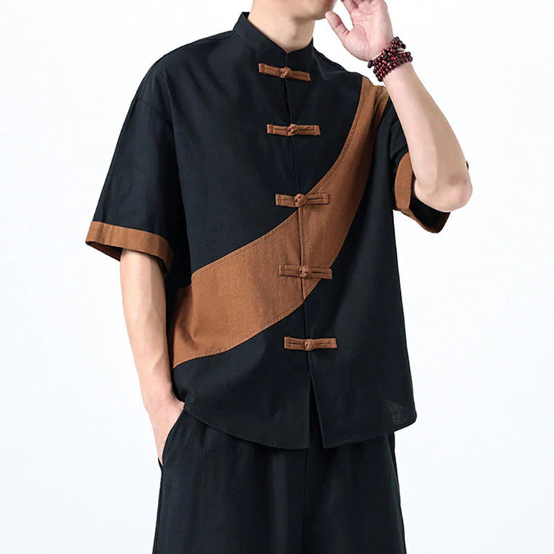 Buddha Stones Spring Color Contrast Chinese Frog-Button Design Men's Half Sleeve Cotton Linen Shirt