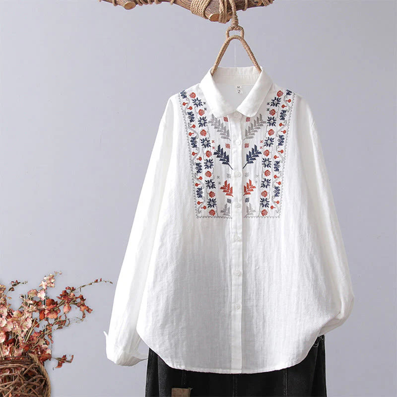 Buddha Stones Fall White Geometric Striped Flower Embroidery Button Women's Cotton Long Sleeve Shirt