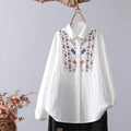 Buddha Stones Fall White Geometric Striped Flower Embroidery Button Women's Cotton Long Sleeve Shirt