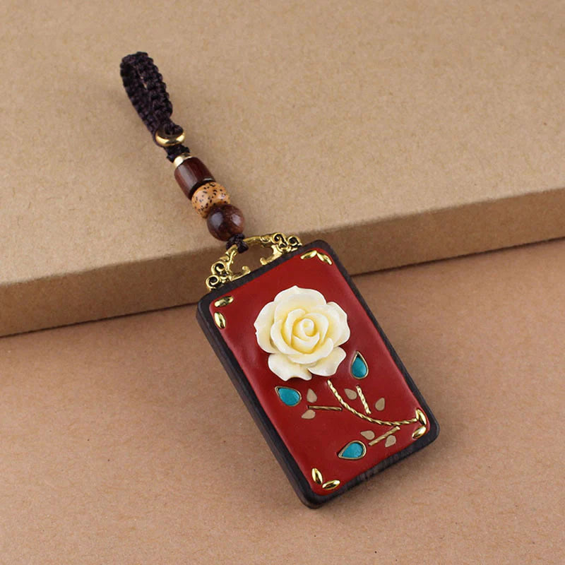 Buddha Stones Ebony Flower Koi Fish Fu Character Button Rope Key Chain