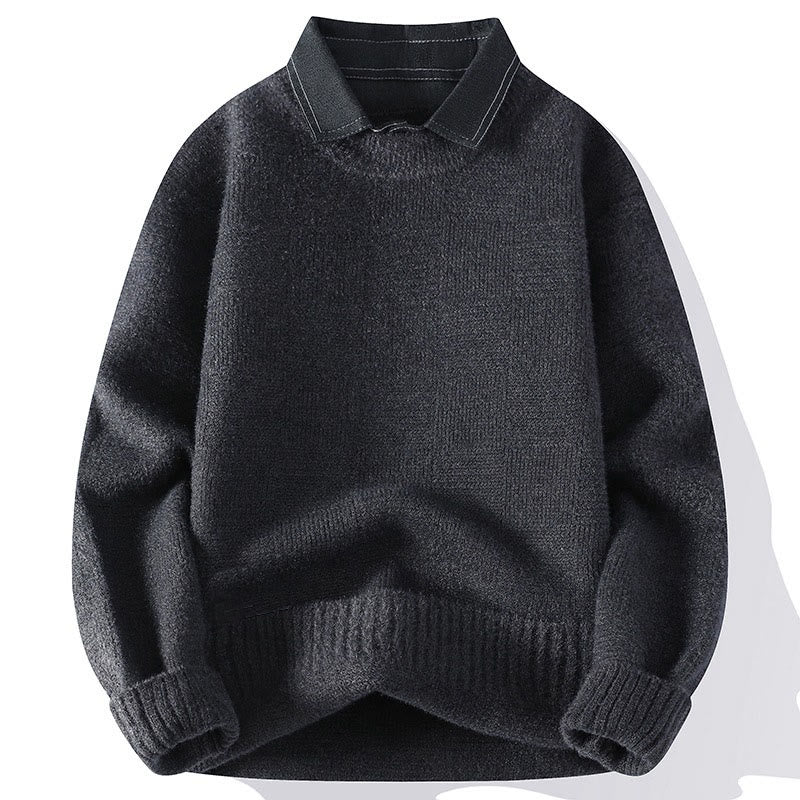 Buddha Stones Winter Black Stand Collar Plaid Pattern Warm Men's Long Sleeve Knitted Sweater