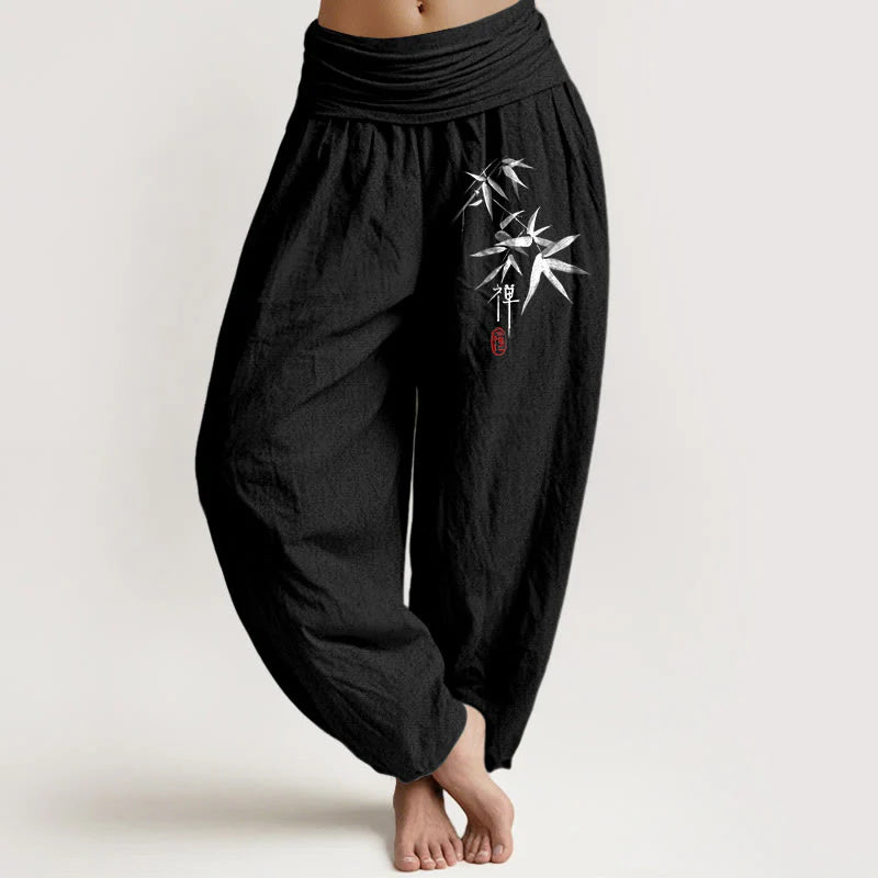 Buddha Stones Pure Cotton Bamboo Zen Pattern Women's Elastic Waist Harem Pants