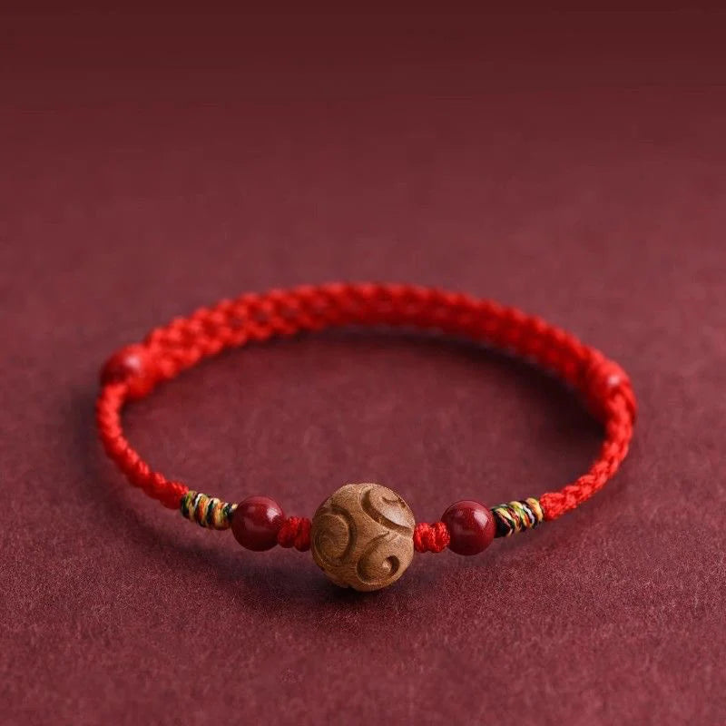 Buddha Stones Carved Auspicious Pattern Natural Peach Wood Rope Luck Bracelet
