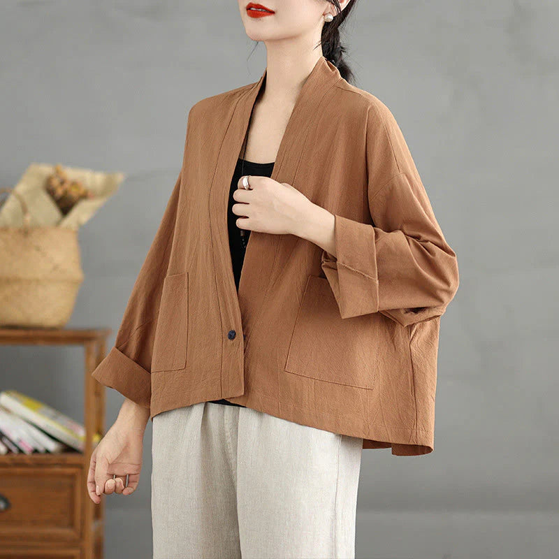 Buddha Stones Casual Vintage Plain Long Sleeve Open Front Cardigan Cotton Linen Jacket With Pockets