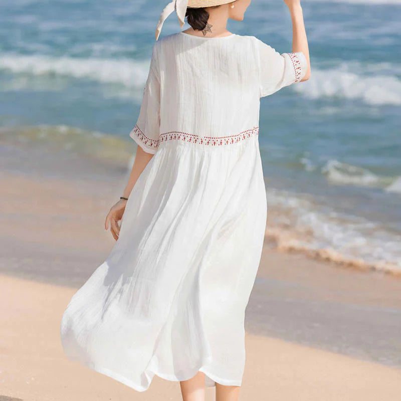 Buddha Stones Solid Color Embroidery Short Sleeve Cotton Midi Dress