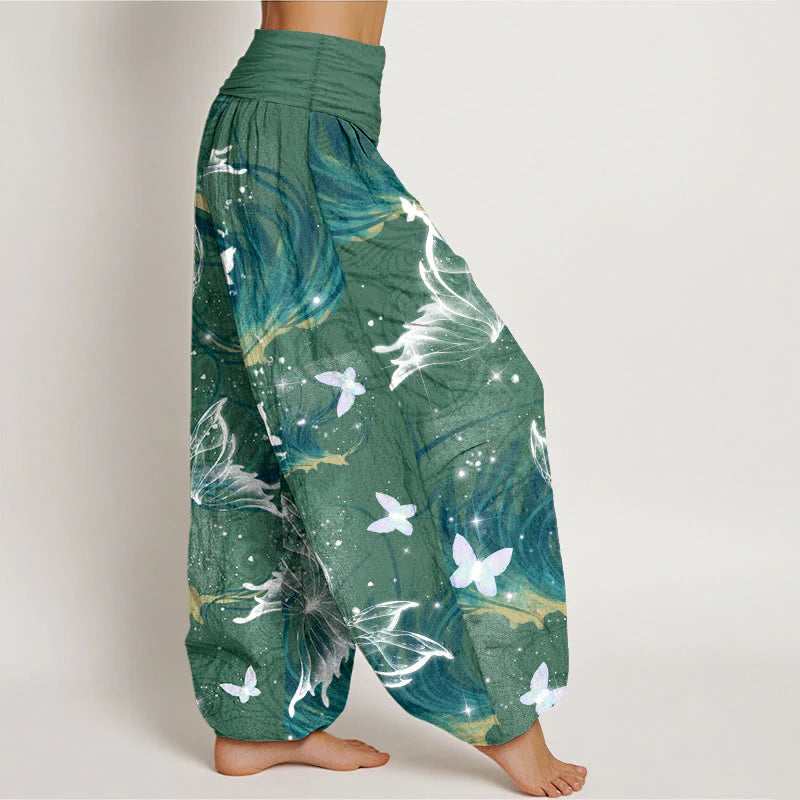 Buddha Stones Pure Cotton Dreamlike Butterfly Line Pattern Women's Elastic Waist Harem Pants