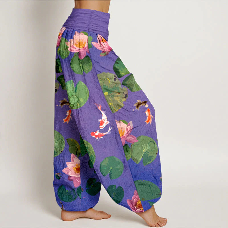 Buddha Stones Print Koi Fish Lotus Flowers Pattern Women's Elastic Waist Harem Pure Cotton Pants