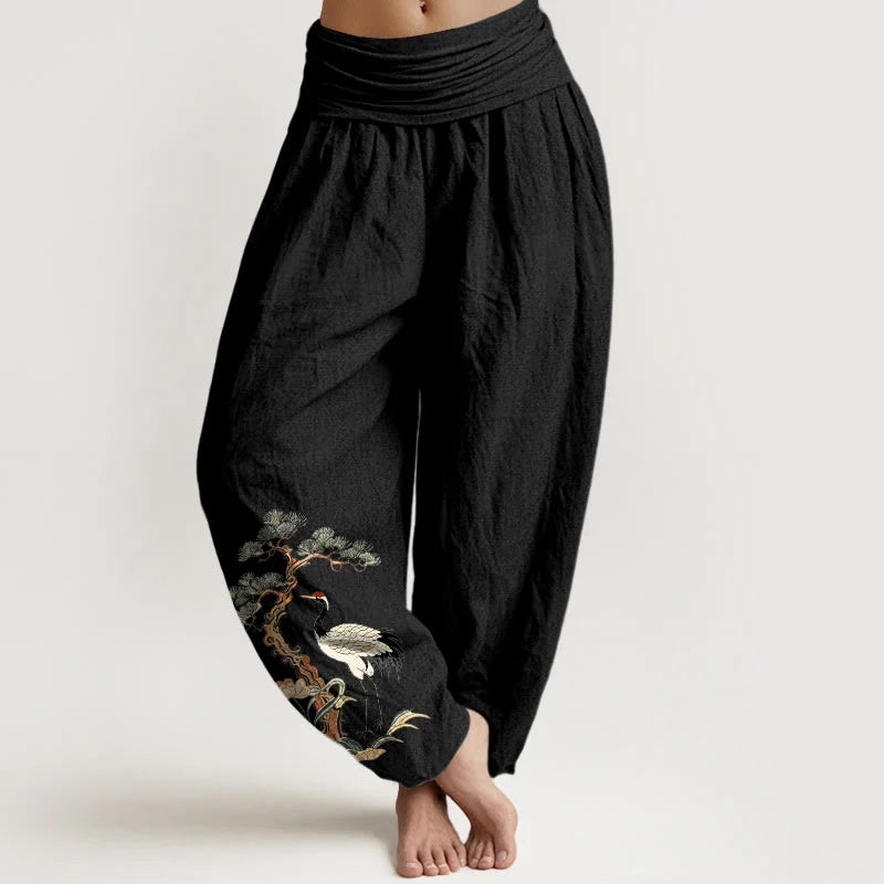 Buddha Stones Pure Cotton Crane Pine Tree Flower Grass Pattern Women's Elastic Waist Harem Pants