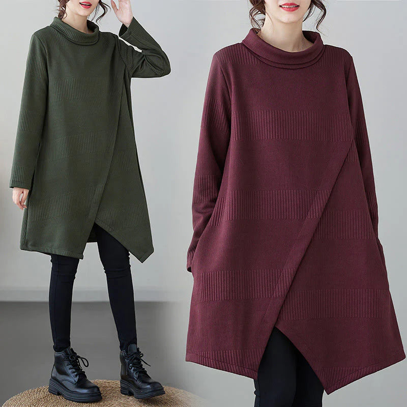 Buddha Stones Winter Irregular Hem Design Mock Neck Long Sleeve Midi Dress With Pockets