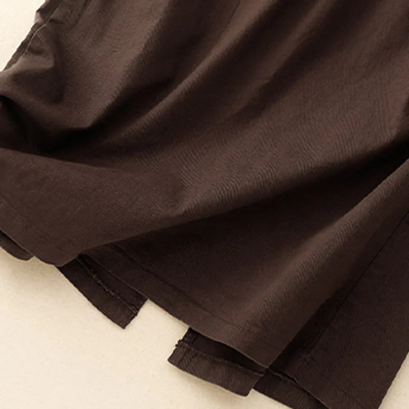 Buddha Stones Vintage Plain Drawstring Button Design Slide Slite Women's Cotton Linen 7-8 Length Skirt With Pockets