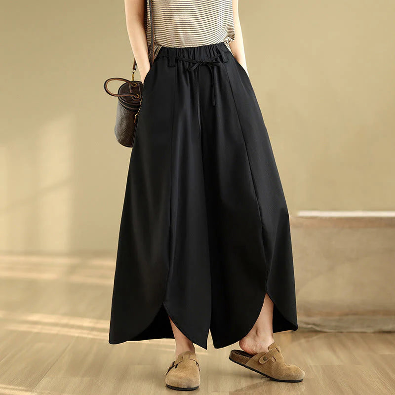 Buddha Stones Summer Vintage Lace-Up Women's Wide Leg Split Pants With Pockets