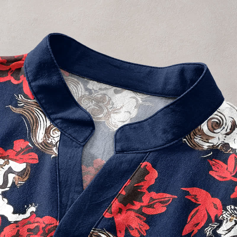 Buddha Stones Cotton Red Floral Cloud Print Henley Men's Short Sleeve Half Button Shirt