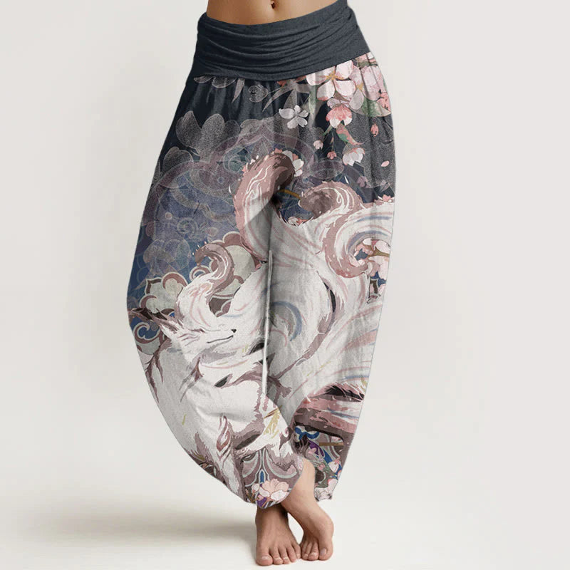 Buddha Stones Cotton Fox Cherry Blossoms Women's Elastic Waist Harem Pants