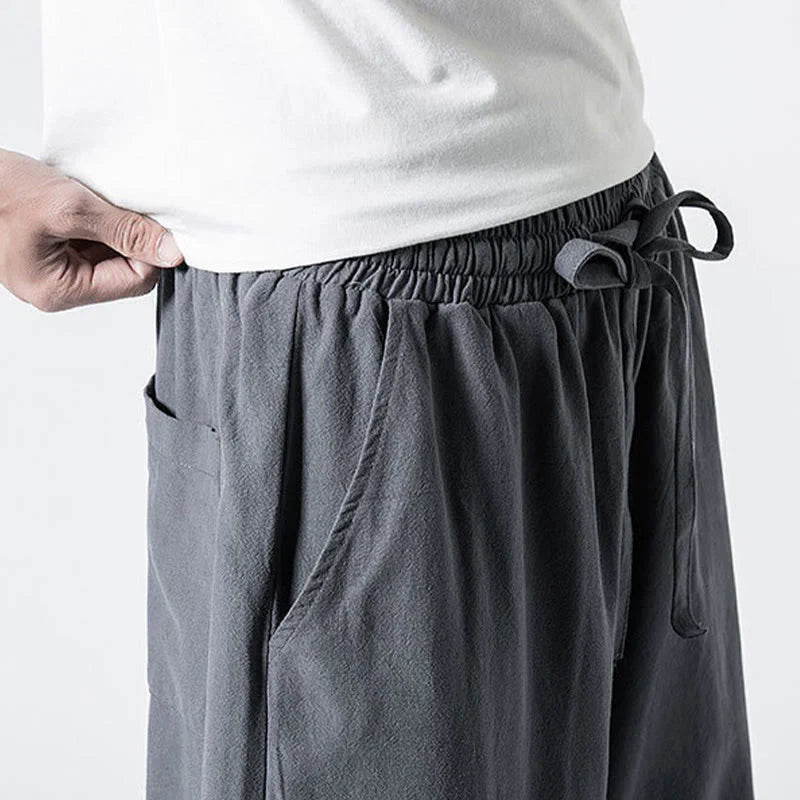 Buddha Stones Drawstring Elastic Waist Ankle-Length Men's Cotton Pants With Pockets