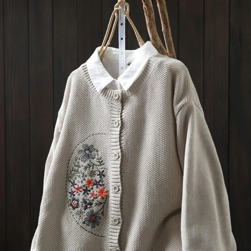 Buddha Stones Floral Embroidery Buttons Cotton Women's Long Sleeve Knitted Cardigan Sweater