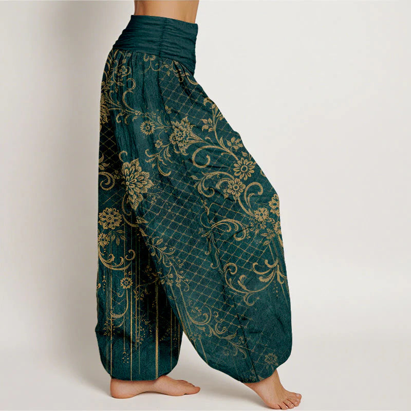 Buddha Stones Pure Cotton Classical Flower Leaf Vine Pattern Women's Elastic Waist Harem Pants