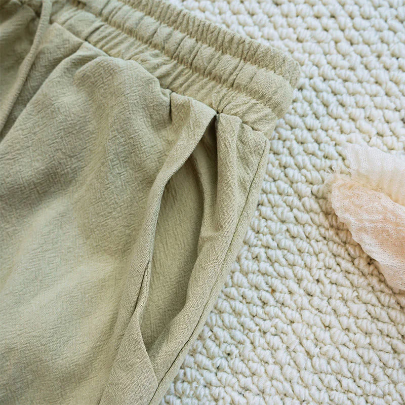 Buddha Stones Summer Plain Patchwork Design Drawstring Cotton Linen Women's Pants With Pockets