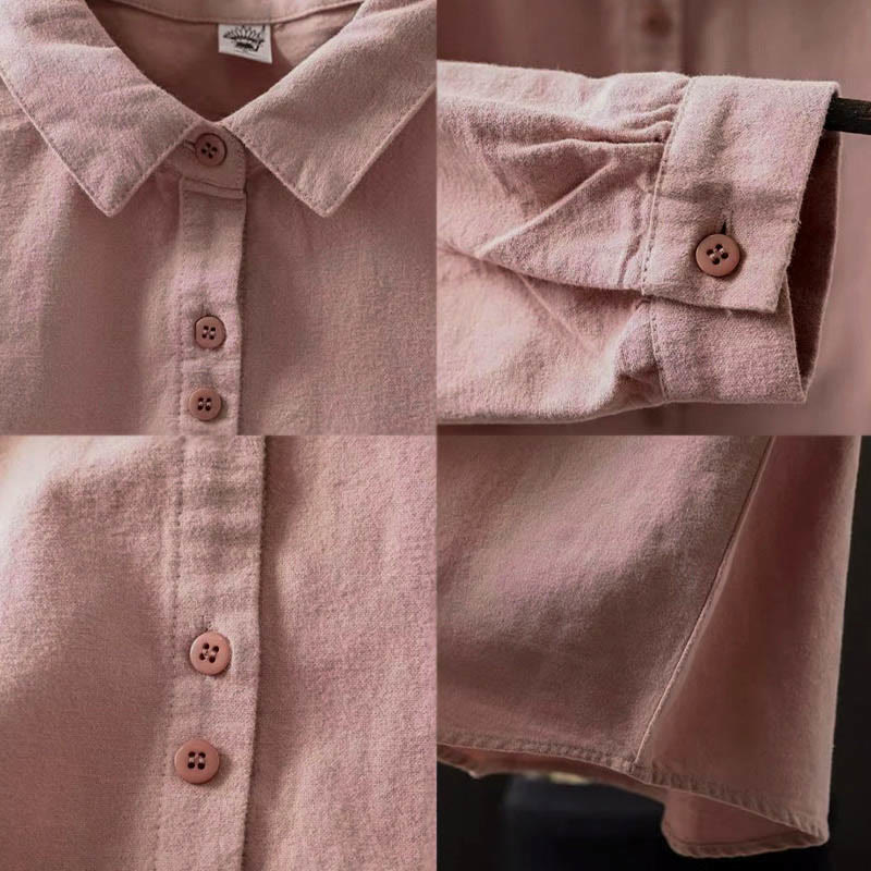 Buddha Stones Fall Solid Color Button Down Stand Collar Long Sleeve Women's Cotton Shirt