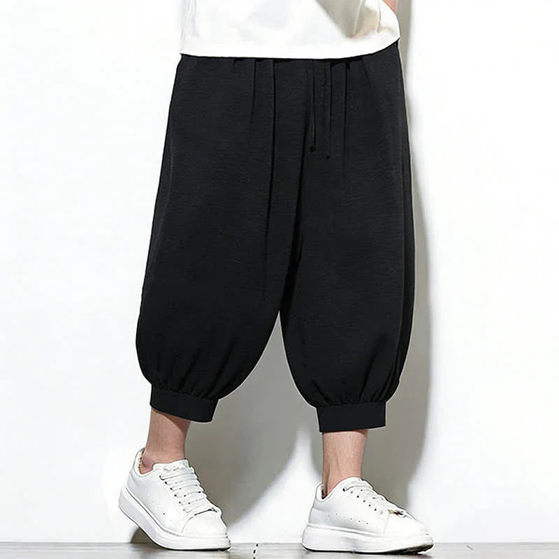 Buddha Stones Spring Solid Color Drawstring Elastic Design Men's Harem Capri Pants