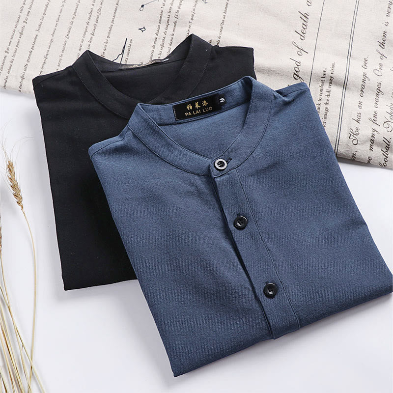 Buddha Stones Simple Solid Color Half Buttons Men's Long Sleeve Cotton Shirt