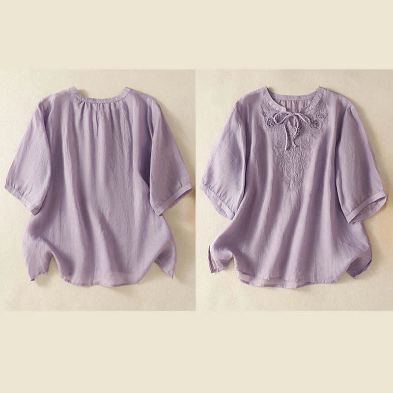 Buddha Stones Summer Embroidery Flower Lace-up Design Notched Collar Women's Short Sleeve Shirt