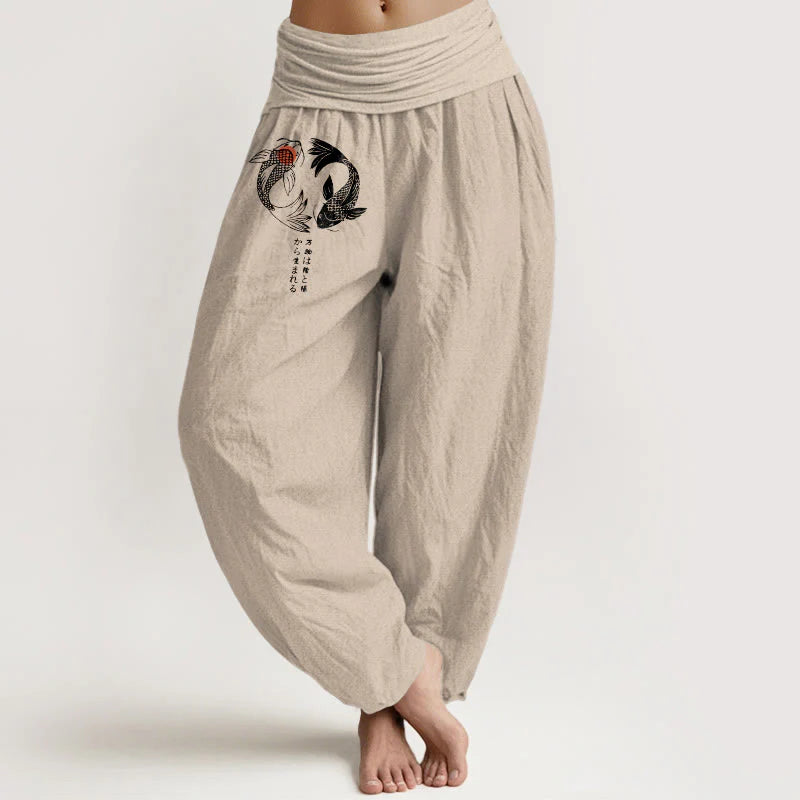 Buddha Stones Pure Cotton Koi Fish Pattern Women's Elastic Waist Harem Pants