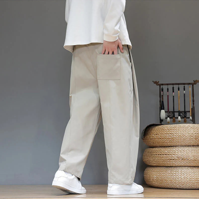 Buddha Stones Fall Solid Color Straight Leg Design Men's Harem Pants With Pockets
