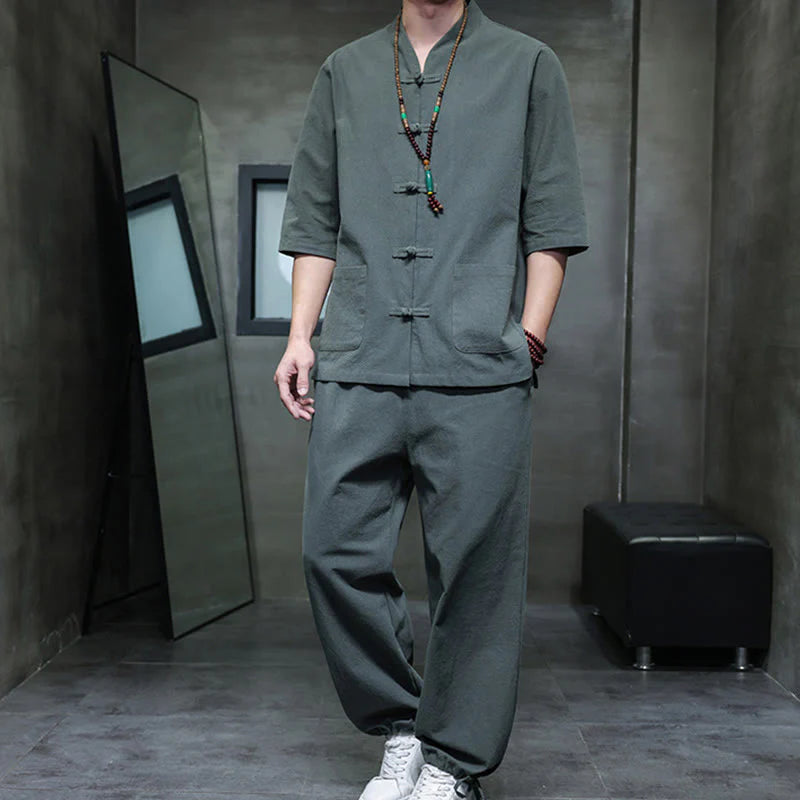 Buddha Stones 2Pcs Tang Suit Frog-Button Design Shirt Pants With Pockets Men's Cotton Linen Meditation Cloth Set