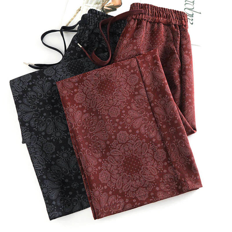 Buddha Stones Casual Floral Pattern Polyester Women's Wide Leg Pants With Pockets