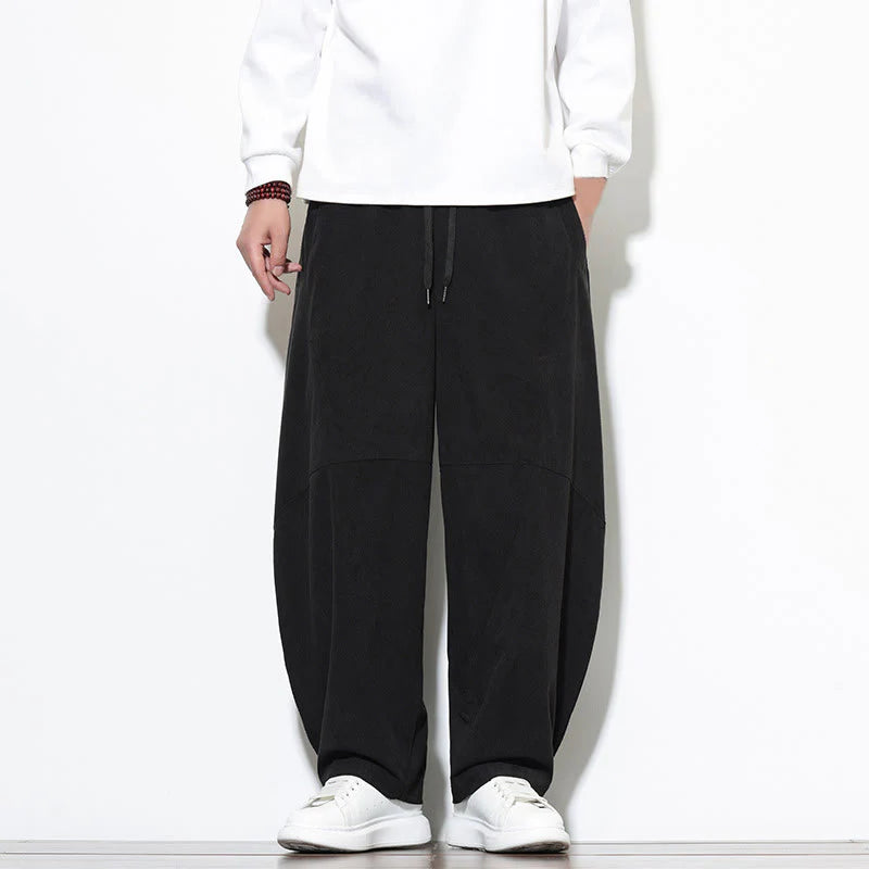 Buddha Stones Drawstring Solid Color Tapered Design Cotton Corduroy Men's Harem Pants With Pockets