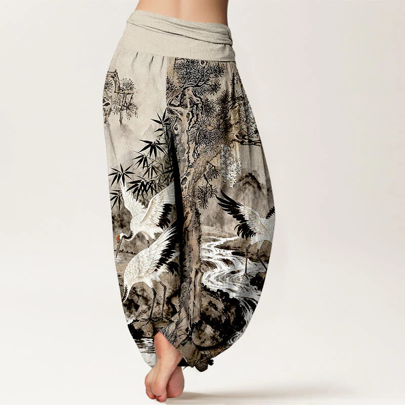 Buddha Stones Pure Cotton Red-crowned Crane Stream Pattern Women's Elastic Waist Harem Pants
