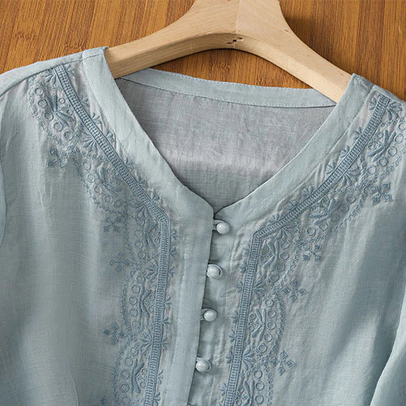 Buddha Stones Casual Embroidery Frog-Button Polyester Half Sleeve Women's V-neck Shirt