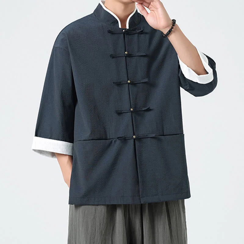 Buddha Stones Spring Solid Color Three Quarter Sleeve Tang Suit Men's Buttons Shirt With Pockets