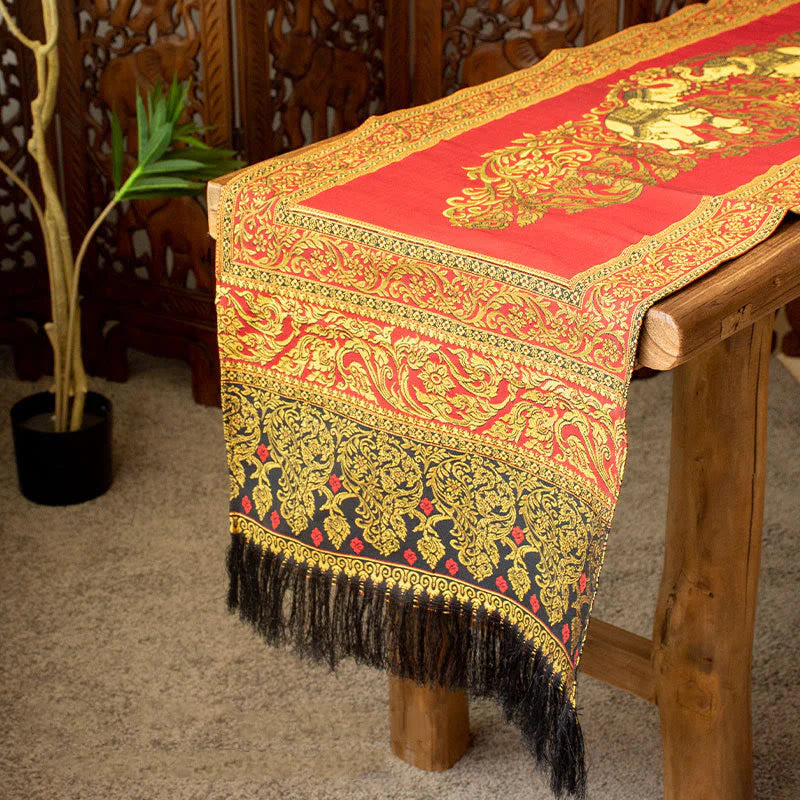 Buddha Stones Vintage Elephant Pattern Tassels Strength Table Runner Home Decoration (Extra 35% Off | USE CODE: FS35)