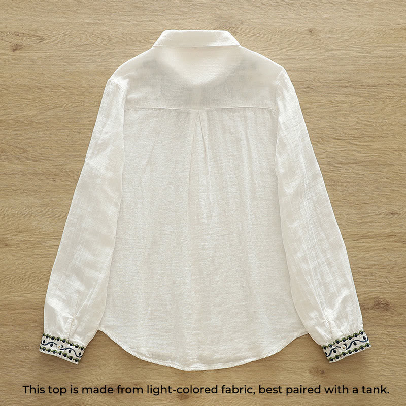 Buddha Stones Fall White Geometric Embroidery Buttons Women's Cotton Long Sleeve Shirt