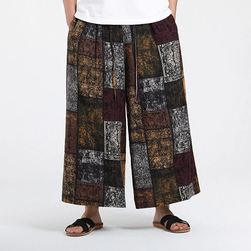 Buddha Stones Summer Patchwork Design 7-8 Length Men's Wide Leg Pants With Pockets