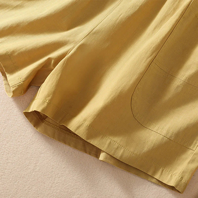 Buddha Stones Summer Casual Elastic Waist Plain Women's Polyester Shorts With Pockets