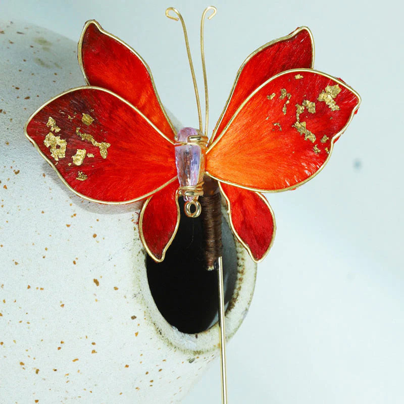 Buddha Stones Handcrafted Silk Art Velvet Flower Red Butterfly Brooch