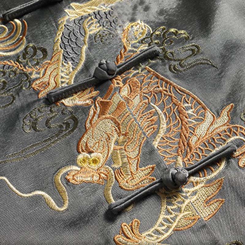 Buddha Stones Spring Fall Dragon Embroidery Frog-Button Long Sleeve Men's Jacket