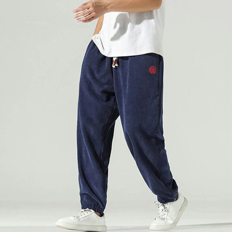 Buddha Stones Fall Plain Corduroy Embroidery Design Men's Harem Pants With Pockets