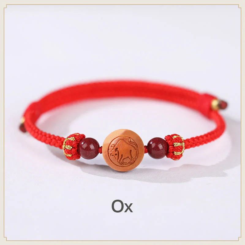 Buddha Stones Natural Peach Wood Chinese Zodiac Fu Character Carved Cinnabar Wealth Bracelet
