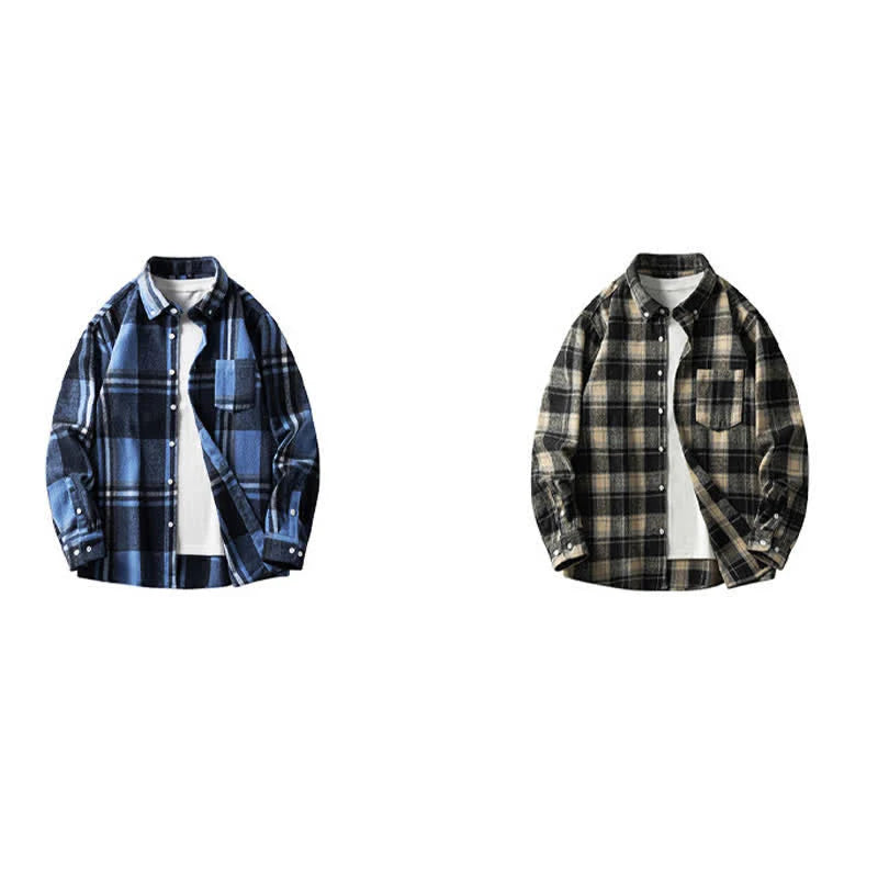 Buddha Stones Commute Multicolor Plaid Button Men's Cotton Long Sleeve Shirts With Pocket