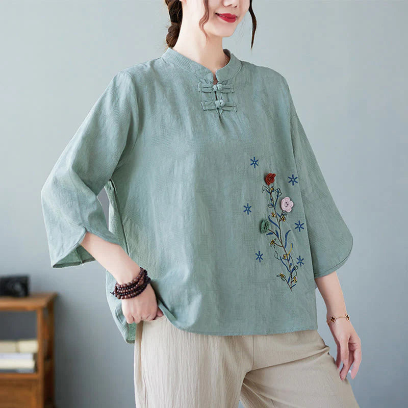 Buddha Stones Vintage Summer Stereoscopic Flower Embroidery Three Quarter Sleeve Frog-Button Cotton Linen Women's Shirt