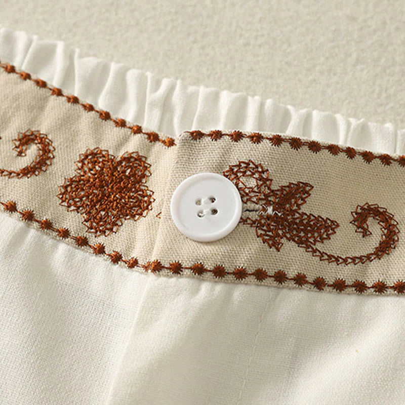 Buddha Stones Women's Embroidery Elastic Waistband Zipper Design Cotton Wide Leg Pants With Pockets