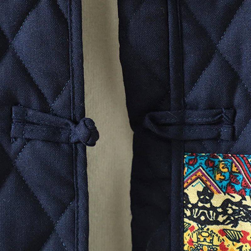 Buddha Stones Ethnic Frog-button Patchwork Women's Thickened Cotton Long Sleeve Jacket With Pockets