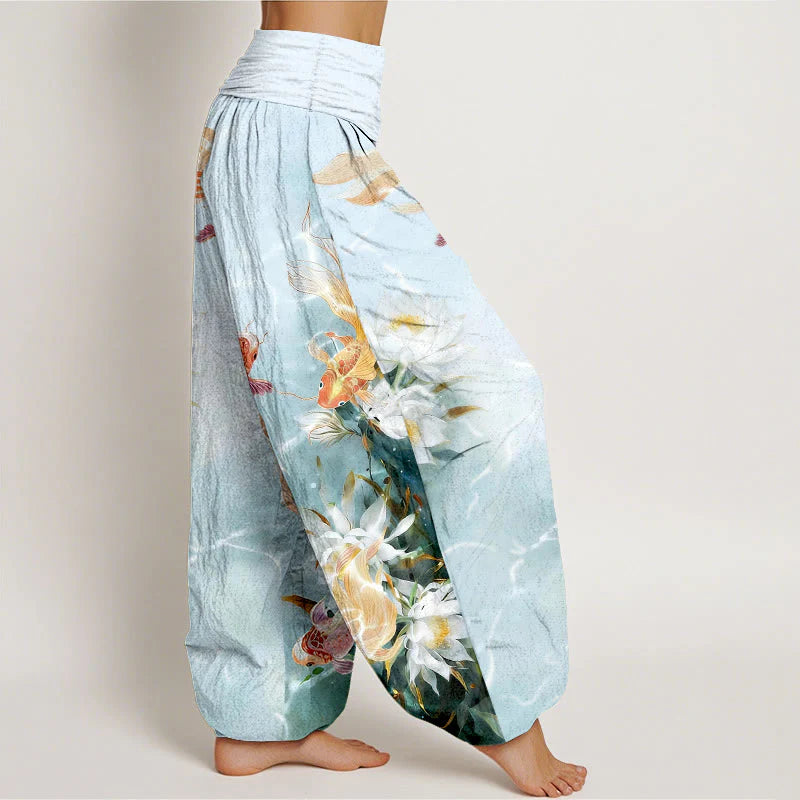 Buddha Stones Pure Cotton Light-Colored Koi Fish Lotus Flower Pattern Women's Elastic Waist Harem Pants