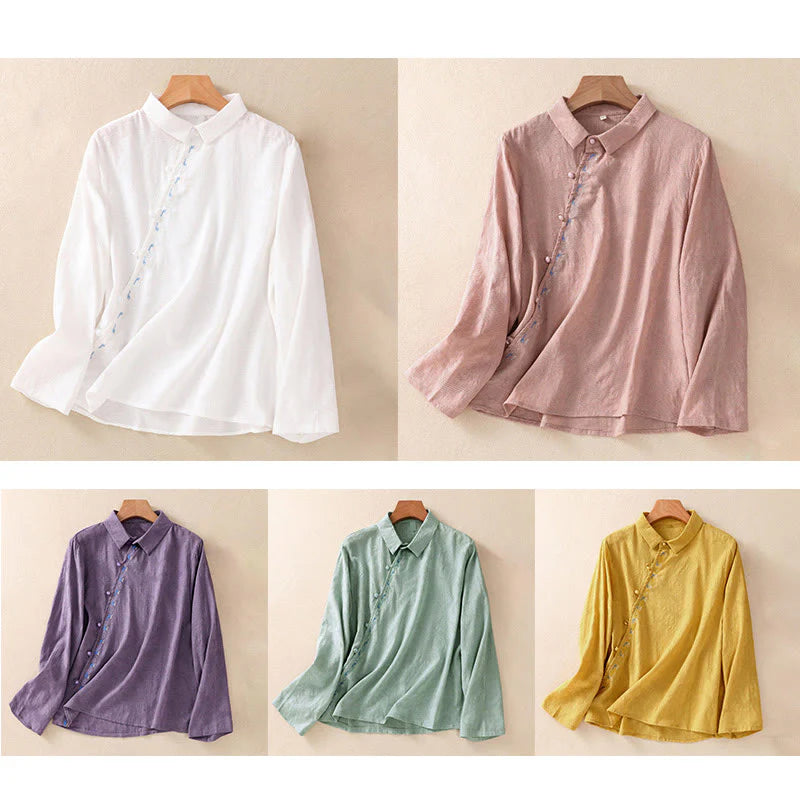 Buddha Stones Fall Embroidery Asymmetrical Design Frog-Button Women's Cotton Long Sleeve Shirt